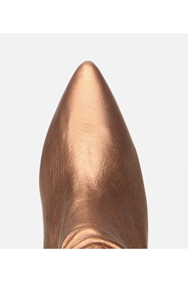 Kadın Deri Bronz Büzgülü Sivri Burunlu İnce Topuklu Bot