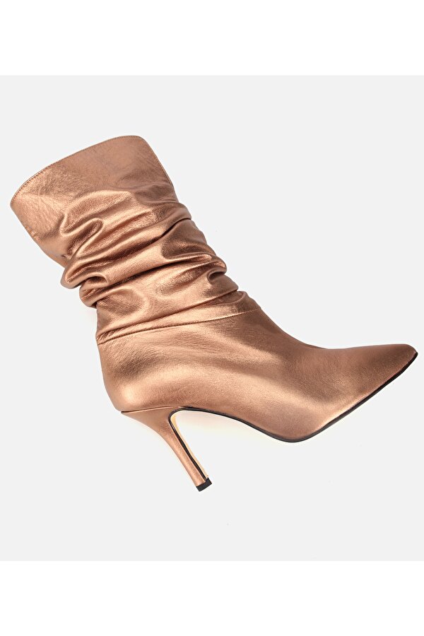Kadın Deri Bronz Büzgülü Sivri Burunlu İnce Topuklu Bot