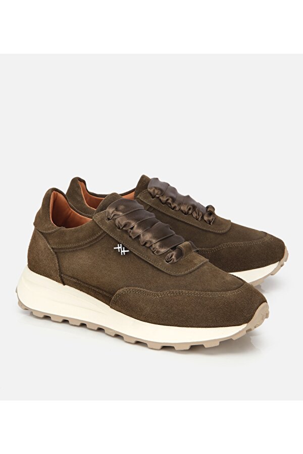 Kadın Süet Deri Haki Bağcık Detaylı Yüksek Tabanlı Spor Ayakkabı