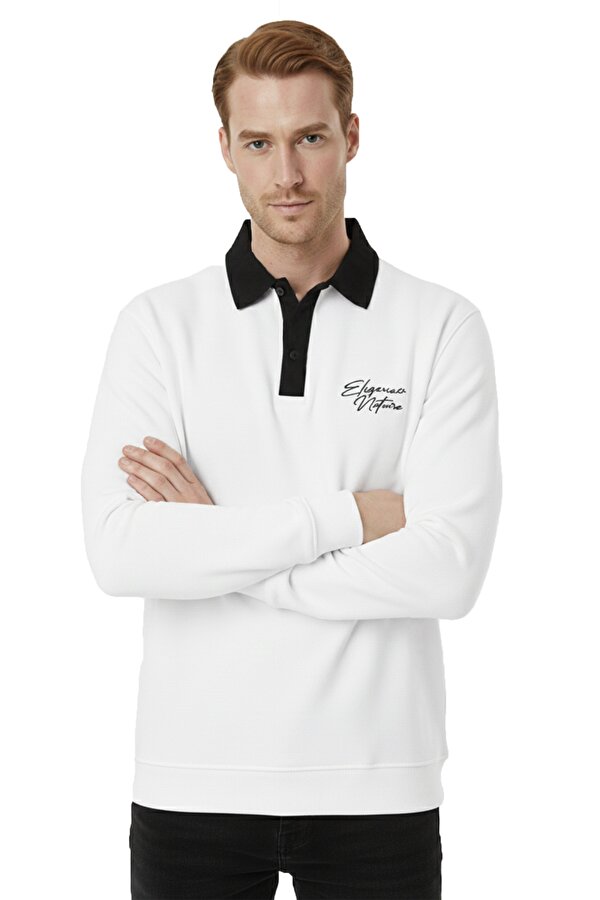 DeepSEA Erkek Beyaz Relax Fit İçi Polarlı Polo Yaka Sweatshirt – Pamuklu Kalın Sweatshirt 2600762