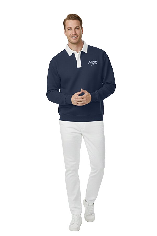 DeepSEA Erkek Lacivert Relax Fit İçi Polarlı Polo Yaka Sweatshirt – Pamuklu Kalın Sweatshirt 2600762