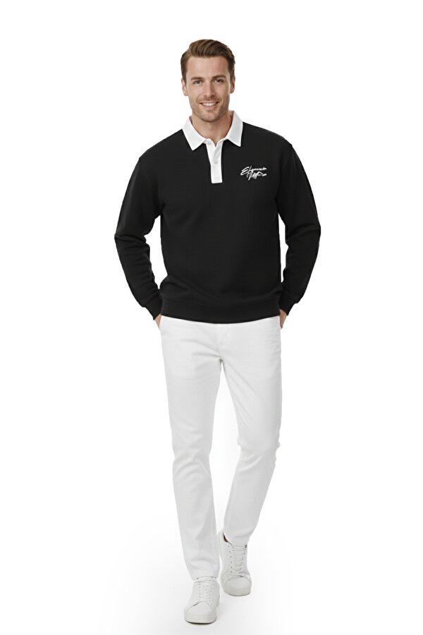 DeepSEA Erkek Siyah Relax Fit İçi Polarlı Polo Yaka Sweatshirt – Pamuklu Kalın Sweatshirt 2600762