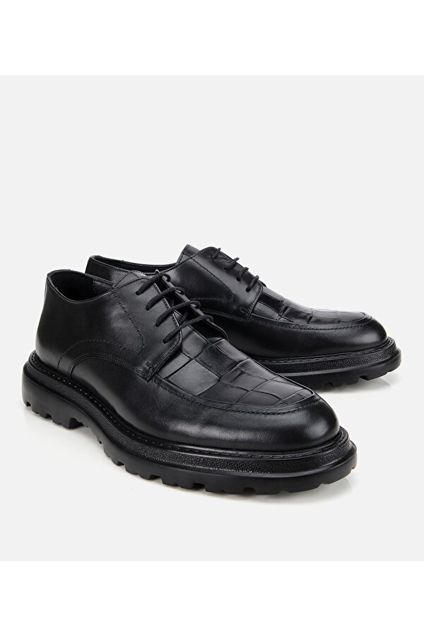 Erkek Kroko Deri Siyah Yüksek Tabanlı Klasik Ayakkabı
