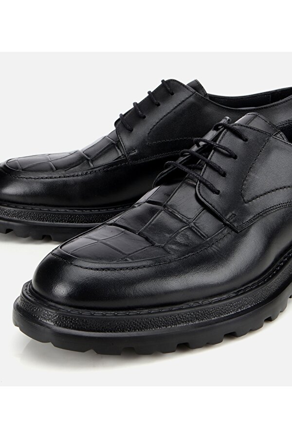 Erkek Kroko Deri Siyah Yüksek Tabanlı Klasik Ayakkabı