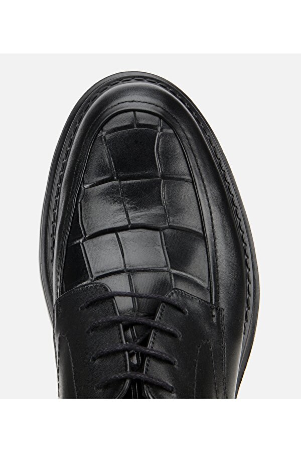 Erkek Kroko Deri Siyah Yüksek Tabanlı Klasik Ayakkabı