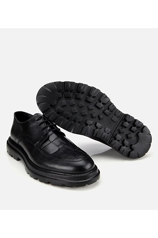 Erkek Kroko Deri Siyah Yüksek Tabanlı Klasik Ayakkabı