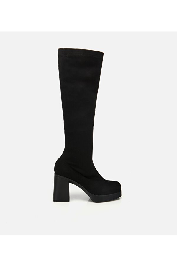 Kadın Siyah Streç Kalın Tabanlı Yüksek Topuklu Çizme