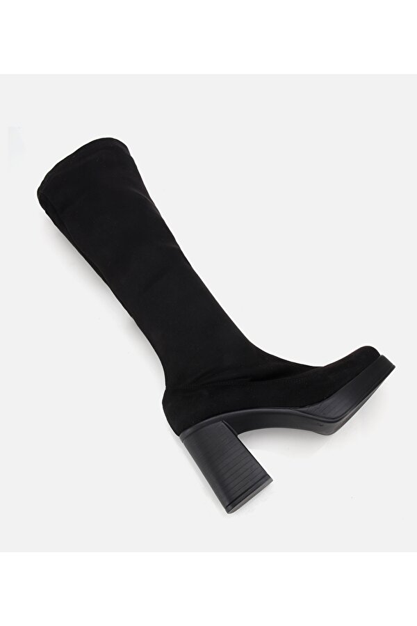 Kadın Siyah Streç Kalın Tabanlı Yüksek Topuklu Çizme