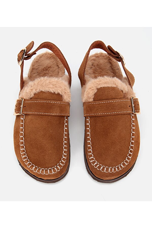 Kadın Süet Deri Taba İçi Kürklü Sabo Terlik
