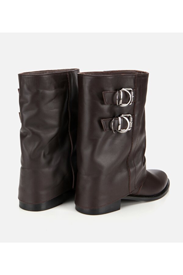 Kadın Deri Kahverengi Tokalı Kırışık Görünümlü Kovboy/Western Düz Bot