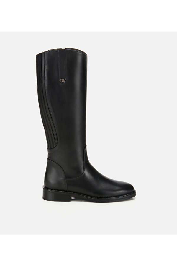 Kadın Deri Siyah Lastik Detaylı Binici Düz Çizme