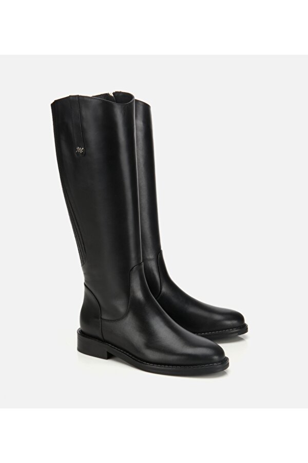 Kadın Deri Siyah Lastik Detaylı Binici Düz Çizme