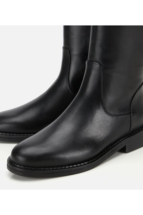 Kadın Deri Siyah Lastik Detaylı Binici Düz Çizme