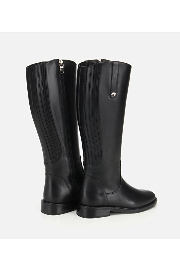 Kadın Deri Siyah Lastik Detaylı Binici Düz Çizme