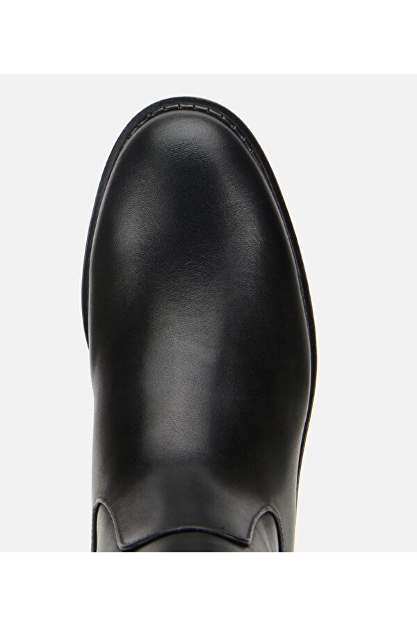 Kadın Deri Siyah Lastik Detaylı Binici Düz Çizme