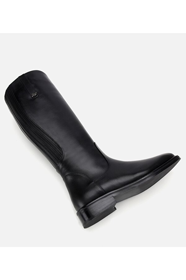 Kadın Deri Siyah Lastik Detaylı Binici Düz Çizme