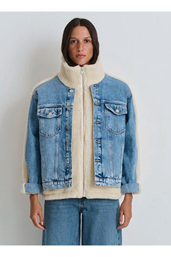 M1110278 Rubina 90lar Suni Kürklü Jean Ceket Kadın Mont