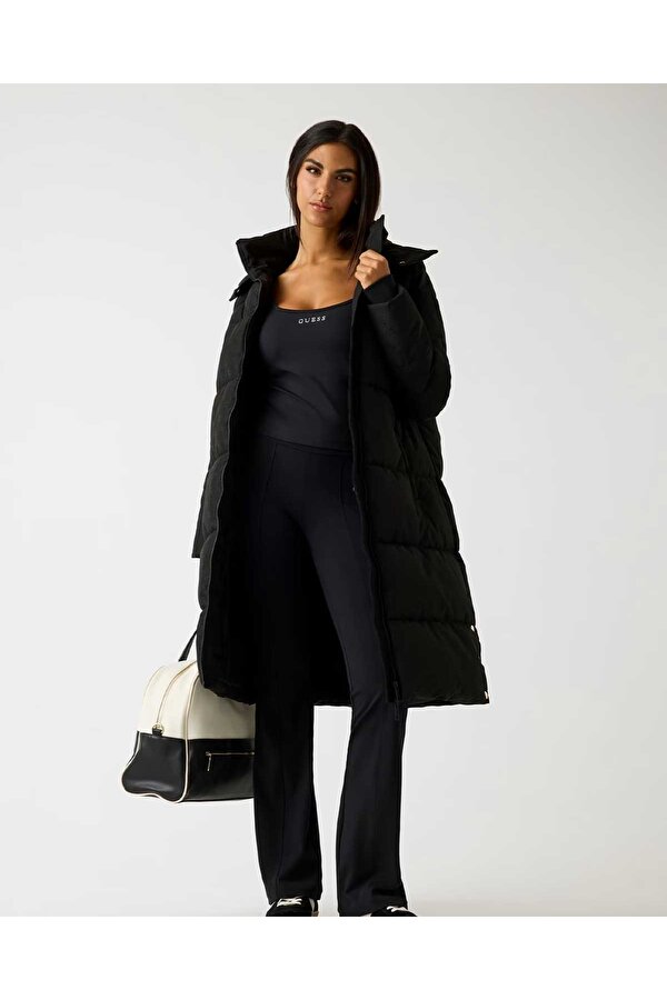 Jakarlı Kapüşonlu Uzun Puffe Kadın Aktif Mont