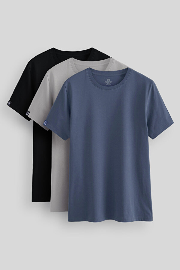 Standart Fit Basic O Yaka  3lü Paket Siyah-Petrol-Taş Erkek T-Shirt - 87911