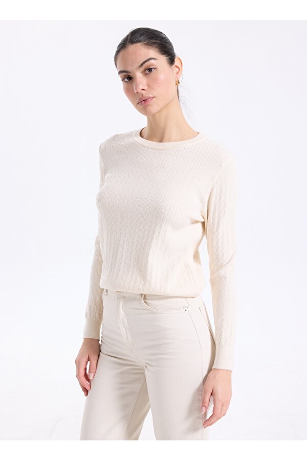 Gömlek Yaka Basic Düz Ekru Kazak Kadın PBF5WL-KZK9526