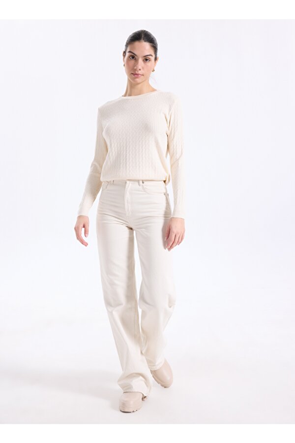 Gömlek Yaka Basic Düz Ekru Kazak Kadın PBF5WL-KZK9526