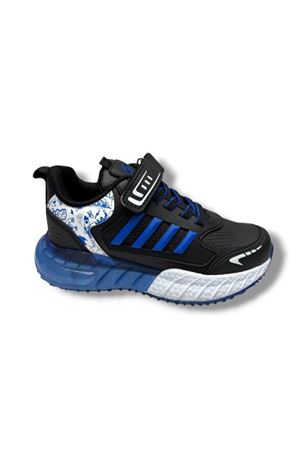 748F-26 Cilt Deri Anatomik Cırtlı Erkek Çocuk Sneaker Siyah Sax