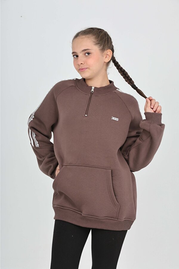 Toontoy Kız Çocuk Relax Fit Yarım Balıkçı Yaka Reglan Kol Sweatshirt