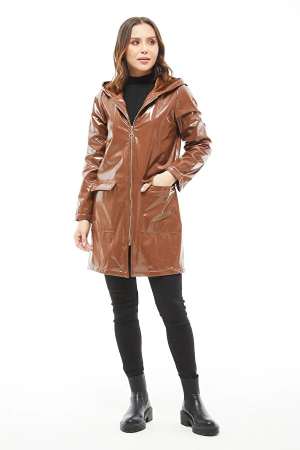 Meyra Kadın Su ve Soğuk Geçirmez Sıcak Astarlı Kapüşonlu Fermuarlı Trençkot Yağmurluk MEYRA-1963