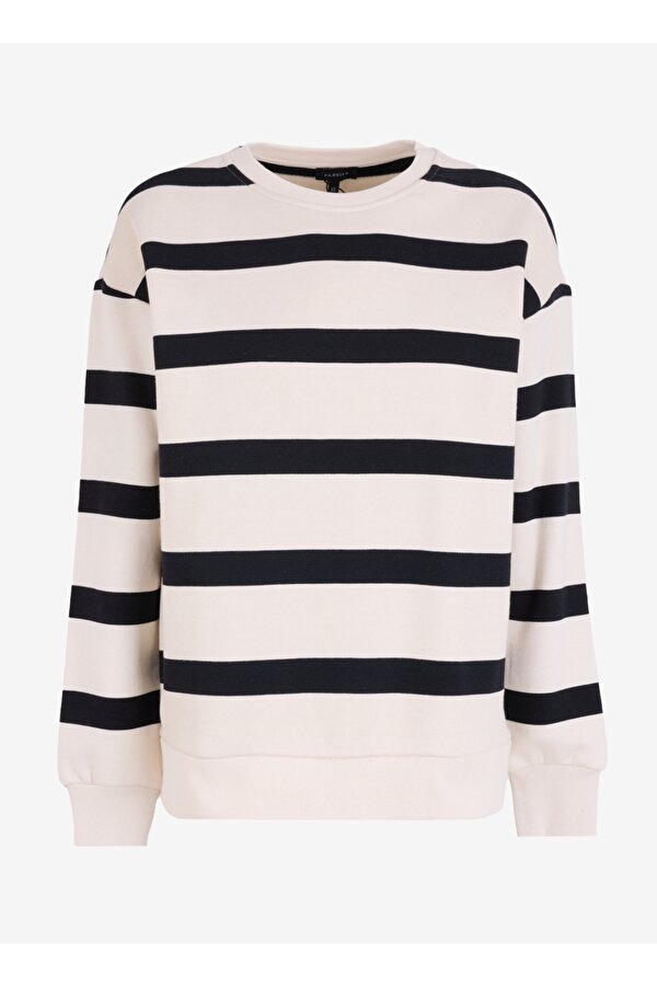 Bisiklet Yaka Çizgili Siyah - Beyaz Kadın Sweatshırt F3WL-SWT9