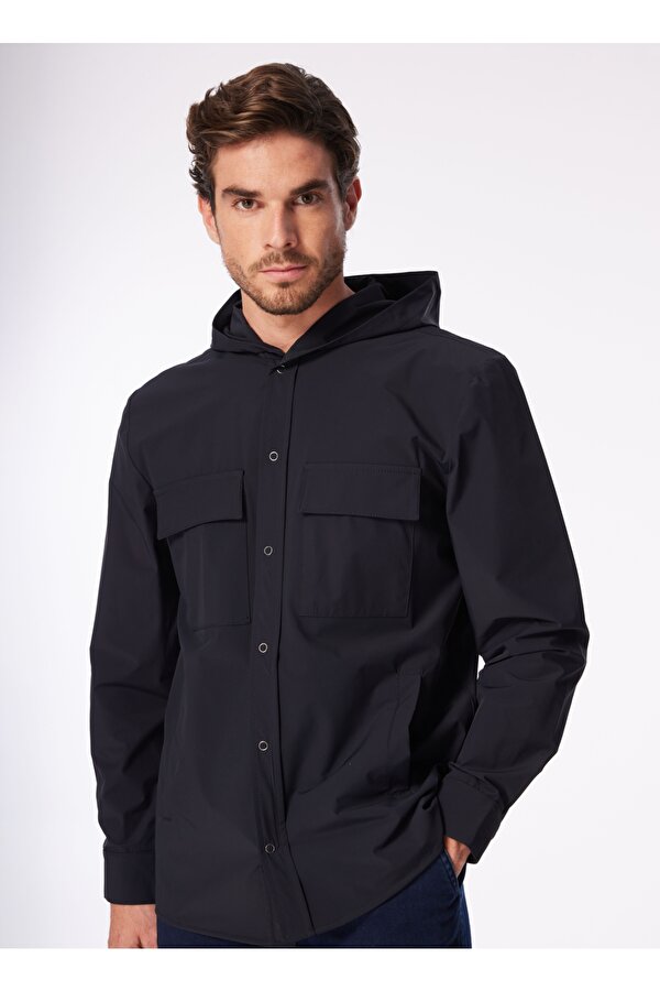 Lacivert Erkek Kapüşonlu Loose Fit  Su İtici - Bi Strech Gömlek F4SM-GML 0113