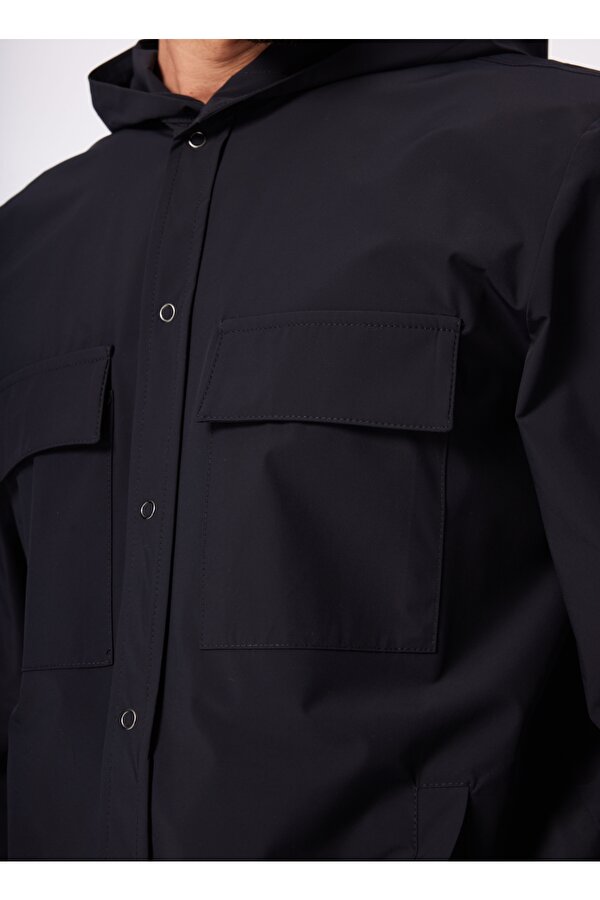 Lacivert Erkek Kapüşonlu Loose Fit  Su İtici - Bi Strech Gömlek F4SM-GML 0113