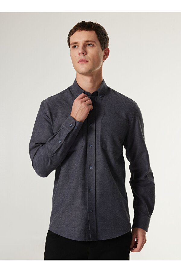 Basic Düğmeli Yaka Düz Lacivert Erkek Gömlek F4WM-GML 2607