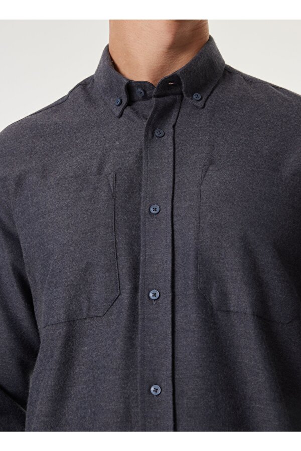 Basic Düğmeli Yaka Düz Lacivert Erkek Gömlek F4WM-GML 2607