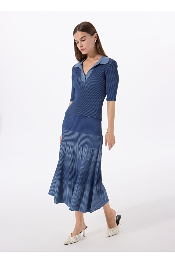 Polo Yaka Dar Piliseli Mavi Kazak Kadın F5SL-KZK0248-K