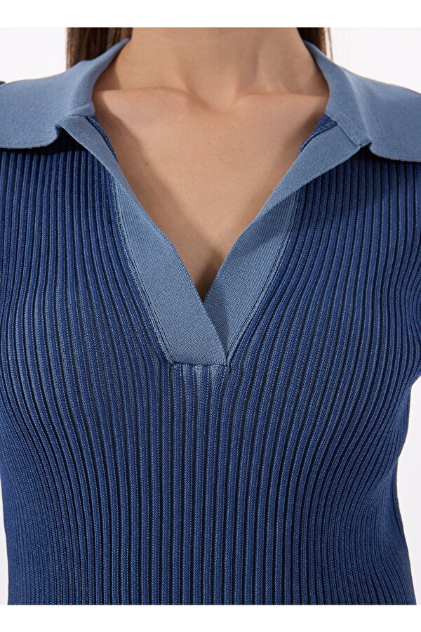 Polo Yaka Dar Piliseli Mavi Kazak Kadın F5SL-KZK0248-K