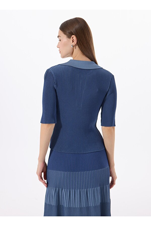 Polo Yaka Dar Piliseli Mavi Kazak Kadın F5SL-KZK0248-K