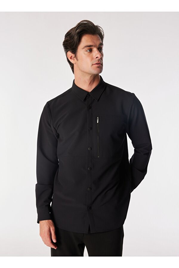 Basic Gömlek Yaka Düz Siyah Erkek Gömlek F4WM-GML 2579