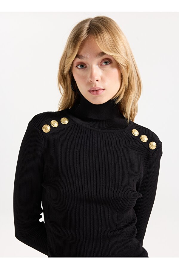 Tam Balıkçı Yaka Dar Fitilli Siyah Kazak Kadın F5WL-KZK0018