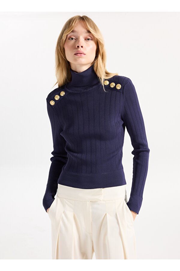 Tam Balıkçı Yaka Dar Fitilli Lacivert Kazak Kadın F5WL-KZK0018