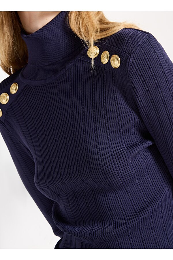 Tam Balıkçı Yaka Dar Fitilli Lacivert Kazak Kadın F5WL-KZK0018