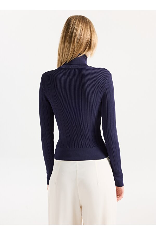 Tam Balıkçı Yaka Dar Fitilli Lacivert Kazak Kadın F5WL-KZK0018