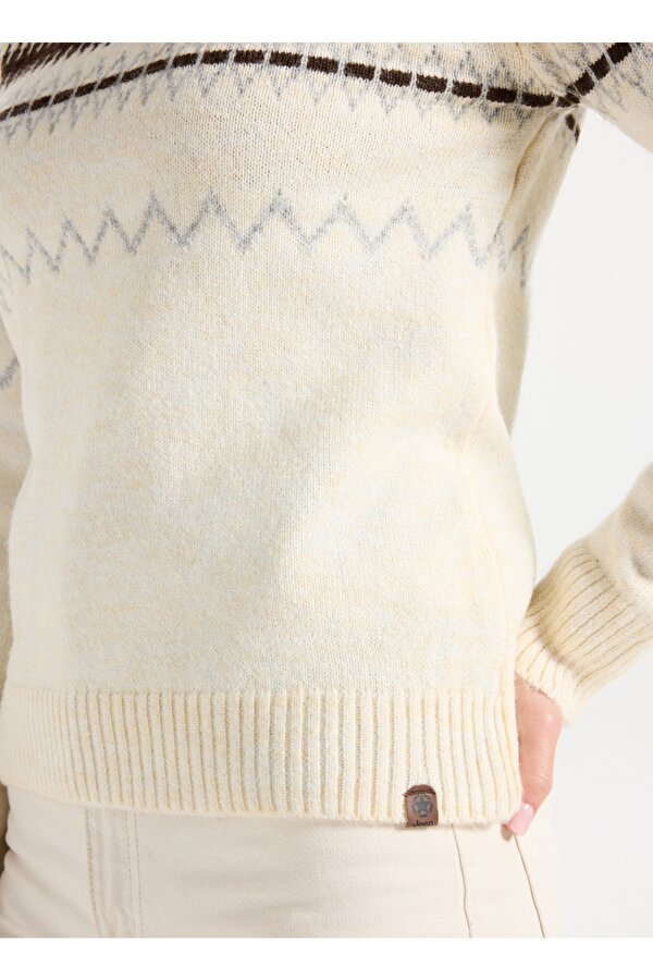 Bisiklet Yaka Relaxed Jakarlı Ekru Kazak Kadın J5WL-KZK7157
