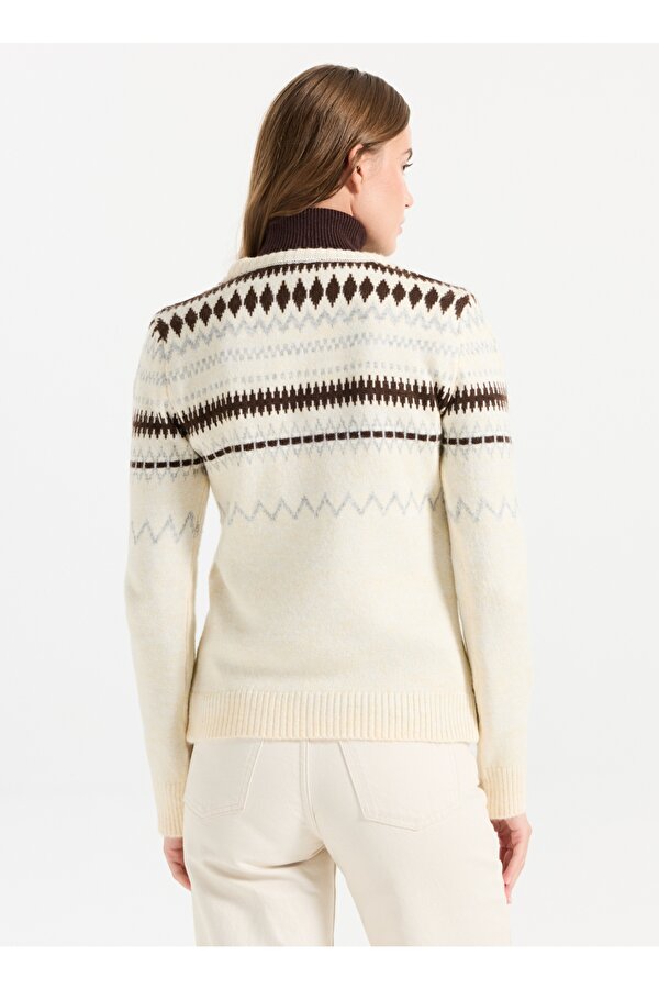 Bisiklet Yaka Relaxed Jakarlı Ekru Kazak Kadın J5WL-KZK7157