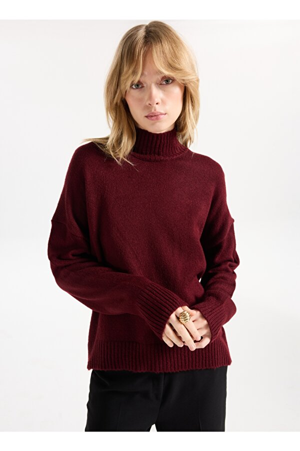 Yarım balıkçı Yaka Relaxed Düz Bordo Kadın Kazak F5WL-KZK0405