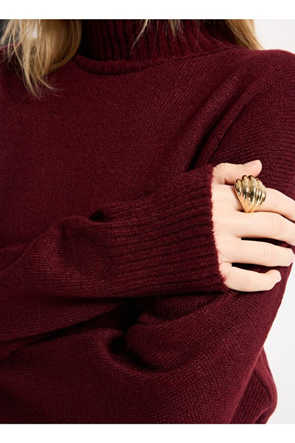 Yarım balıkçı Yaka Relaxed Düz Bordo Kadın Kazak F5WL-KZK0405