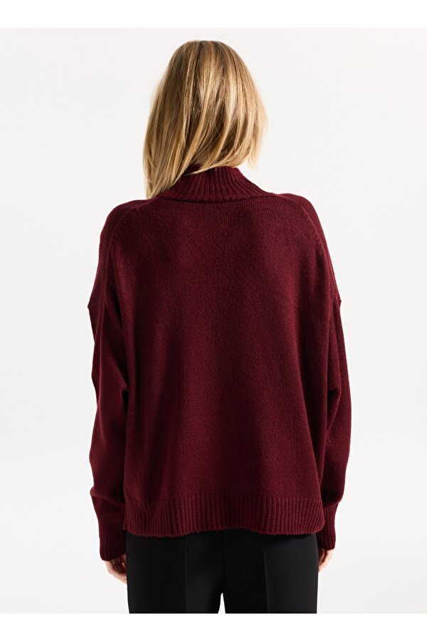 Yarım balıkçı Yaka Relaxed Düz Bordo Kadın Kazak F5WL-KZK0405