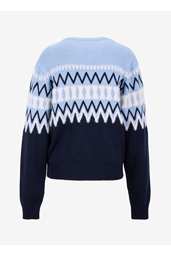 Bisiklet Yaka Relaxed Jakarlı Ekru - Lacivert Kazak Kadın J5WL-KZK7050