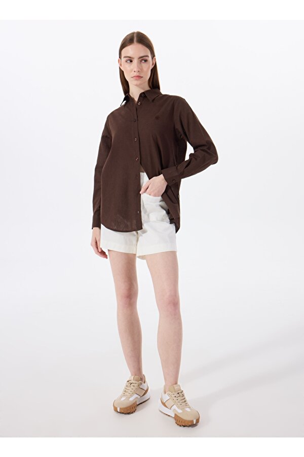 Relaxed Gömlek Yaka Düz Kahve Kadın Gömlek J5SL-GML7153