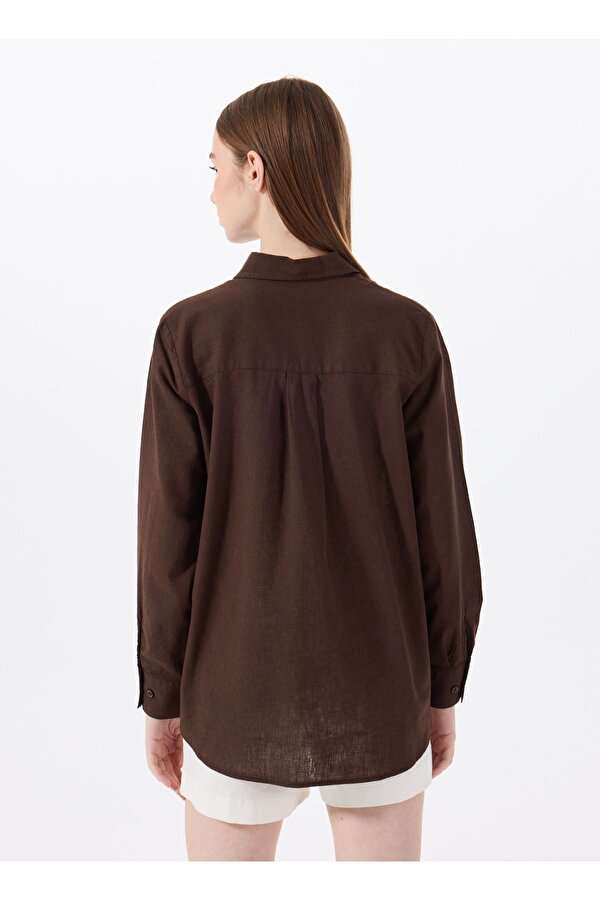 Relaxed Gömlek Yaka Düz Kahve Kadın Gömlek J5SL-GML7153
