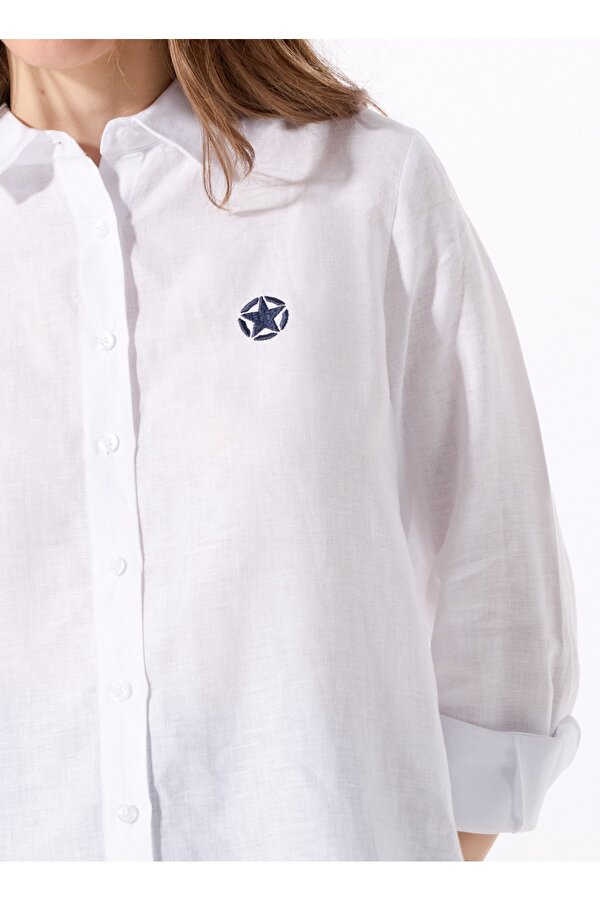 Relaxed Gömlek Yaka Düz Beyaz Kadın Gömlek J5SL-GML7158